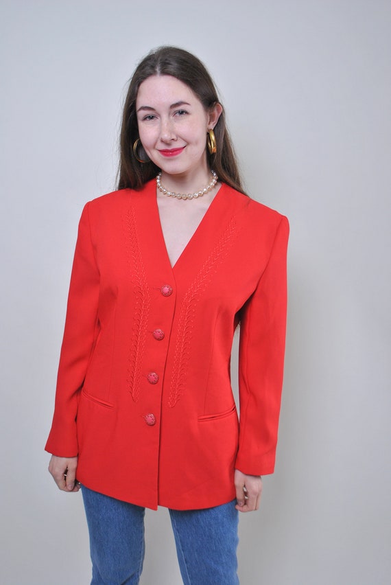 90s Red formal jacket, vintage v-neck suit blazer, Size M