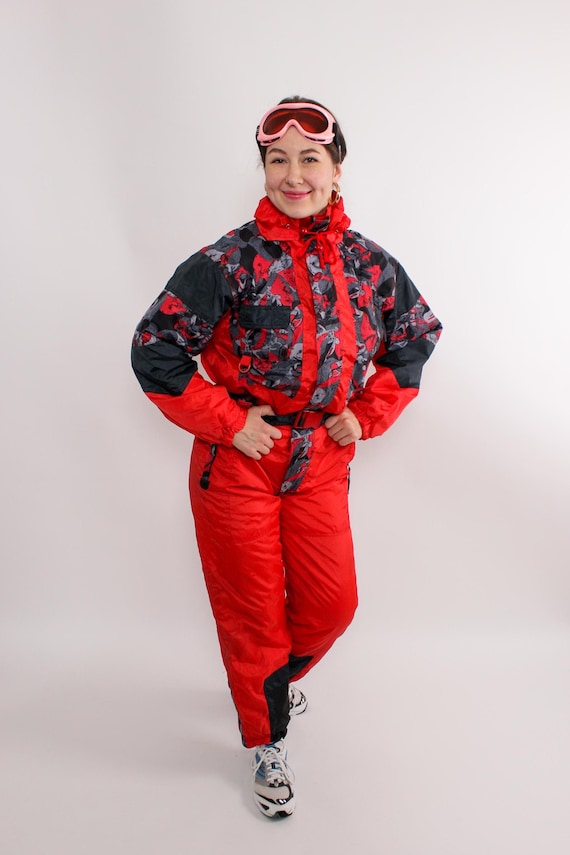 90s One Piece Ski Suit, Vintage Red Snowsuit, Size M
