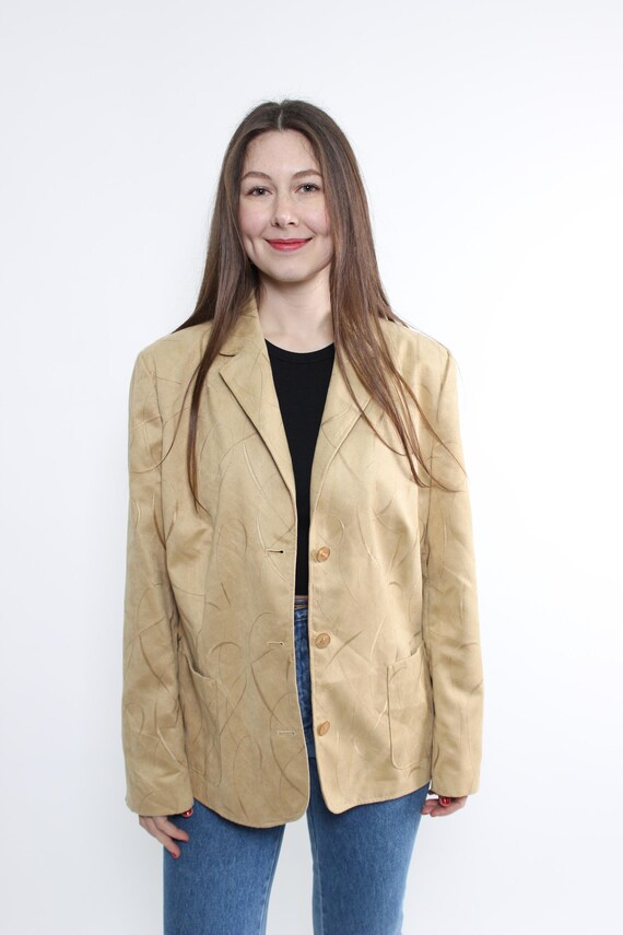 80s embroidered blazer in beige, vintage women casual suit jacket, Size L