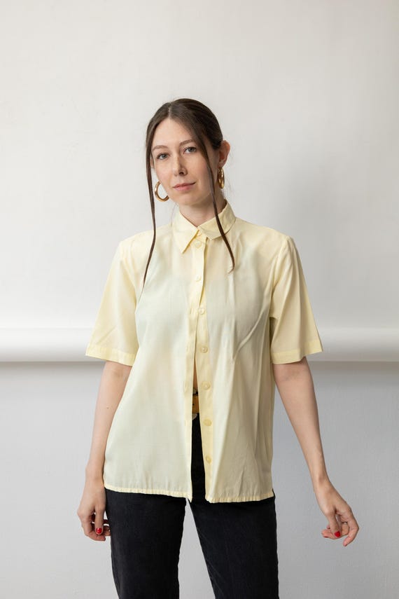 90s Butter Yellow Blouse Vintage Micro Check Short Sleeve Collared Shirt Size M