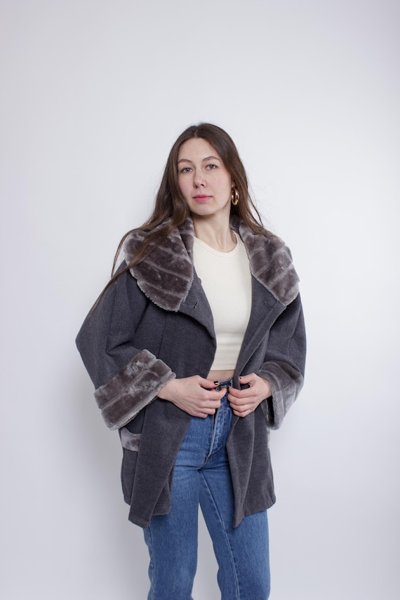 Vintage  Faux Fur Coat, Retro Trim Overcoat , Relaxed Fit Everyday Outerwear, Size M