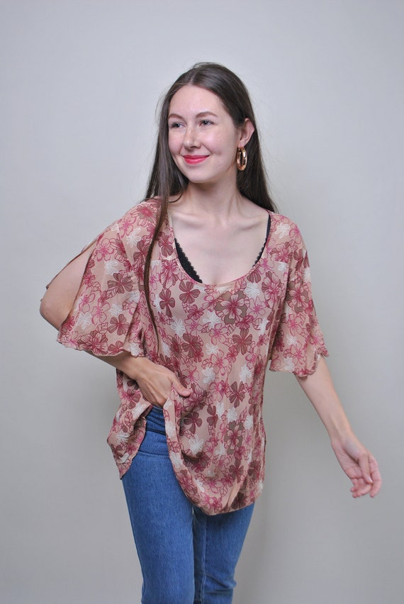 90s flowers print floral blouse, vintage loose fit festival hippie style blouse, Size XL