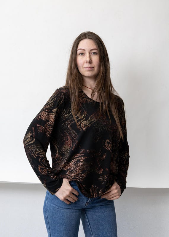 90s Black Glitter Top Vintage Metallic Swirl Print Stretch Long Sleeve Blouse Size L