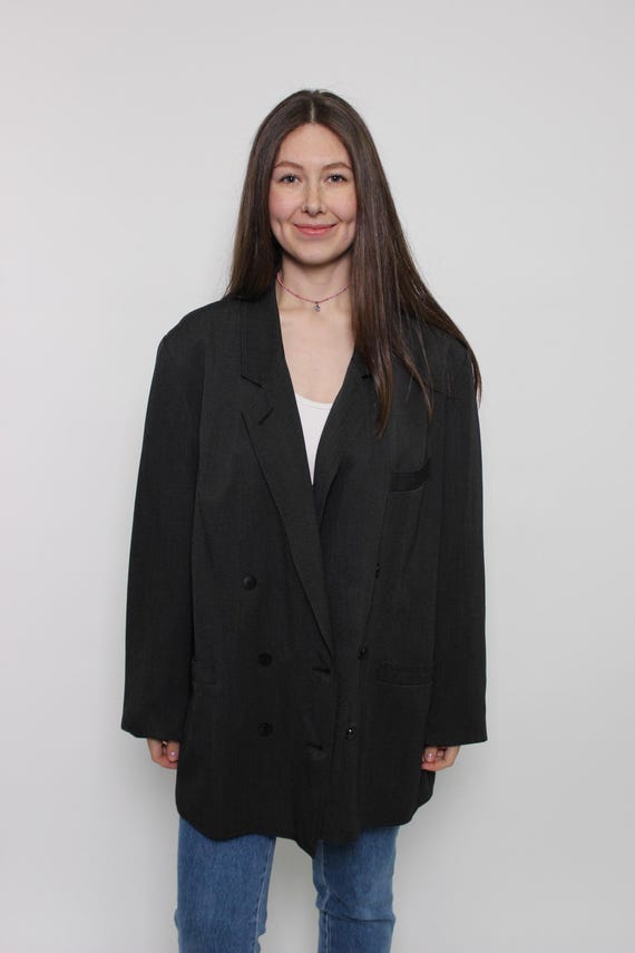 90s Black Oversized Blazer Vintage Double Breasted Wool Longline Boyfriend Size XL