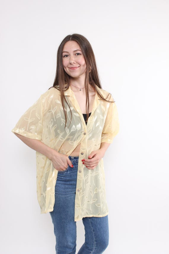 90s Pale Yellow Sheer Blouse Vintage Leaf Pattern Organza Oversized Short Sleeve Top XL