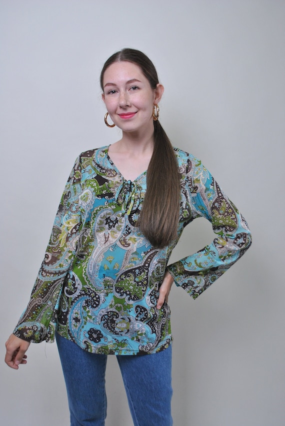 90s paisley print sheer blouse, vintage blue color floral boho blouse, Size M