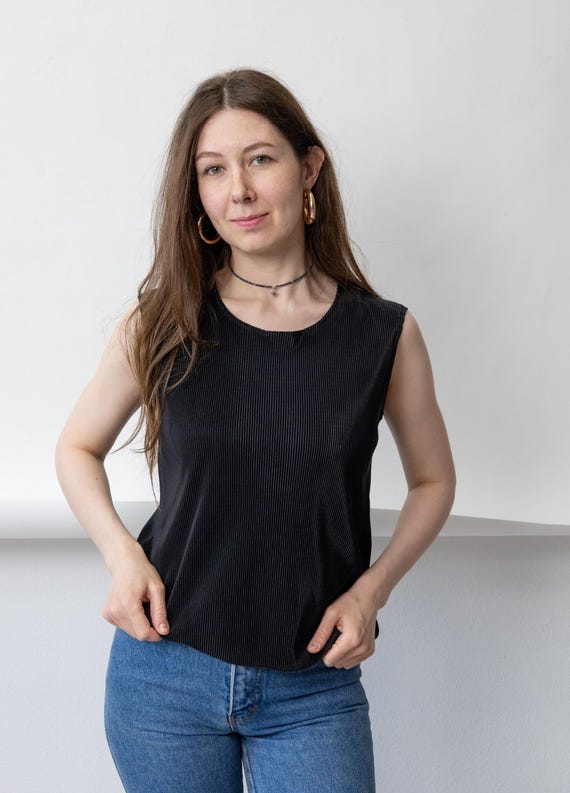 90s Black Pinwale Corduroy Tank Top Vintage Sleeveless Minimalist Top Size M