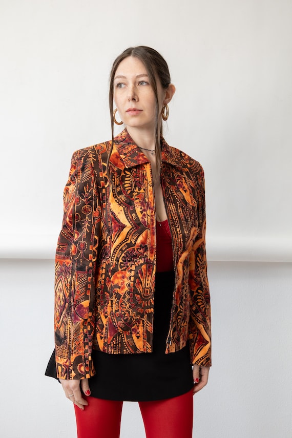 90s Batik Mandala Print Zip Jacket Vintage Boho Burnt Orange Fitted Blazer Size M