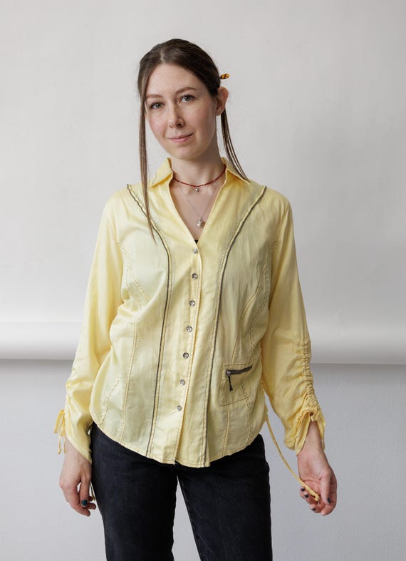 Y2K Butter Yellow Blouse Contrast Stitch Ruched Drawstring Sleeves Zip Pocket Fitted Shirt M