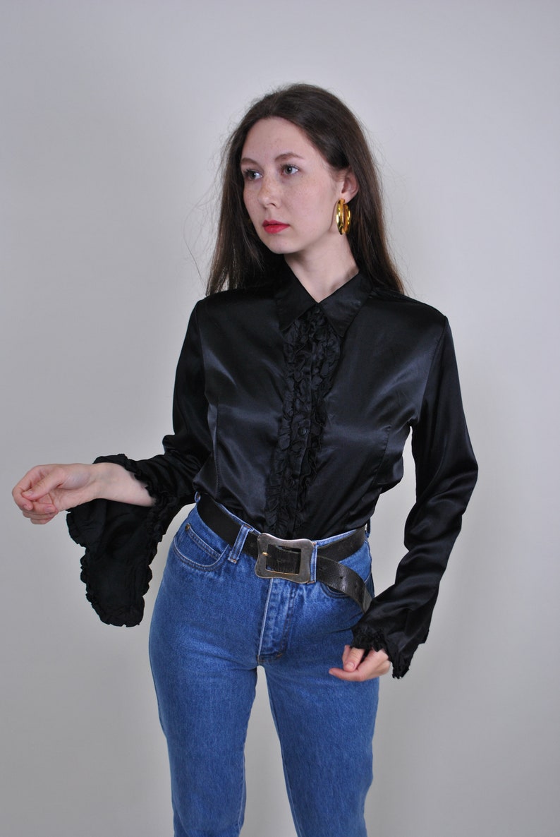 Lace black Blouse 1990s 1980s Vintage womens wmns Retro Summer One colour Boho Hipster Casual Office Holiday Long Sleeve Autumn Spring shirt