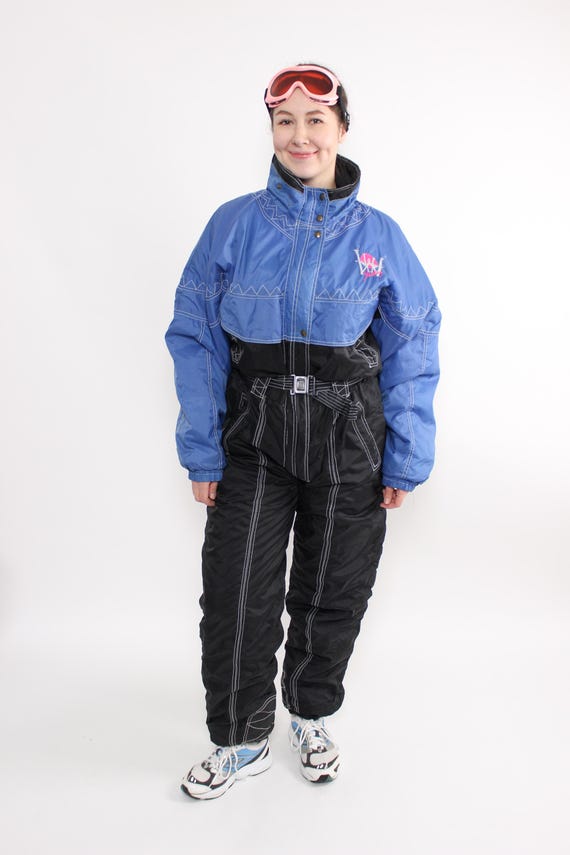 Vintage 90s Ski Suit, Retro One Piece Snowsuit, Blue Black Winter Jumpsuit, Size L