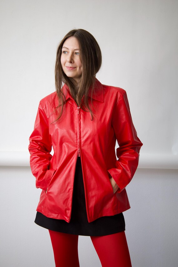 Red Faux Leather Jacket Zip Up Patent Size M