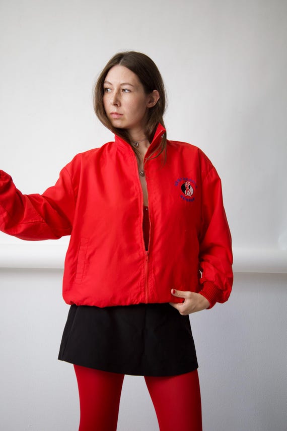 90s Red Bomber Jacket Embroidered Tai Chi Logo Size L