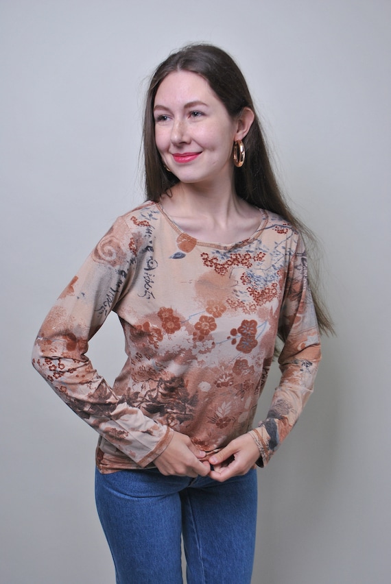 Y2K Beige Cherry Blossom Print Top Asian Calligraphy Stretch Long Sleeve Size M