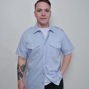 90s military shirt in blue, Vintage fitted short sleeve heritage shirt, Size L