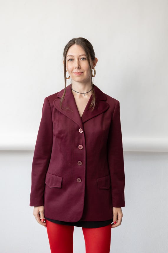 90s Burgundy Longline Blazer Vintage Tailored Notch Lapel Wine Office Jacket Size M