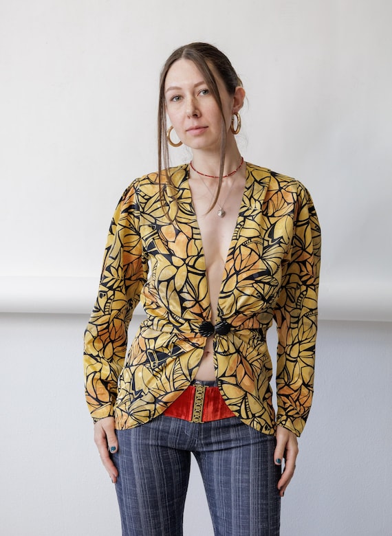 90s Gold Floral Blouse Vintage Plunge V Buckle Art Nouveau Print Top Size S