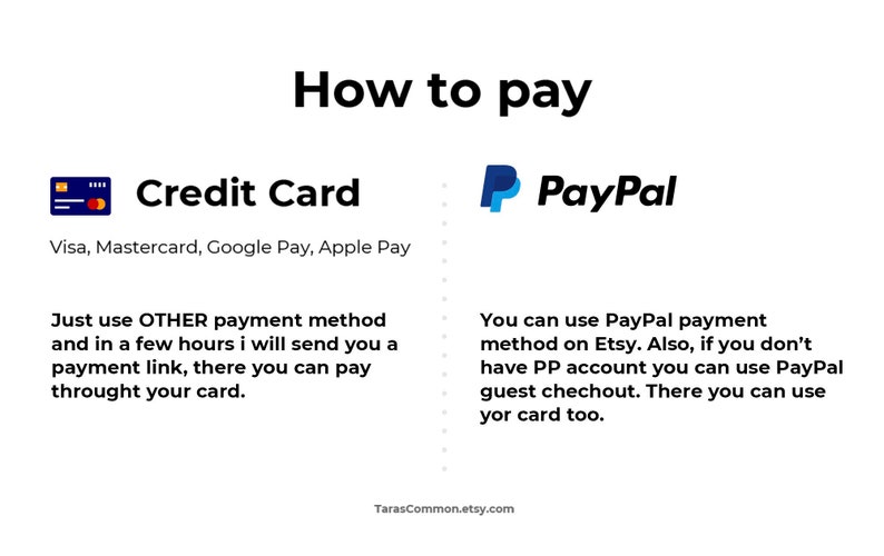 May include: How to pay for an Etsy purchase using either a credit card or PayPal.  The text says "Just use OTHER payment method and in a few hours I will send you a payment link, there you can pay through your card." and "You can use PayPal payment method on Etsy. Also, if you don't have PP account you can use PayPal guest checkout. There you can use your card too."