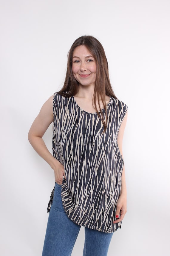 90s Black Cream Abstract Print Tank Top Vintage Sleeveless Long Tunic Cupro  Size M