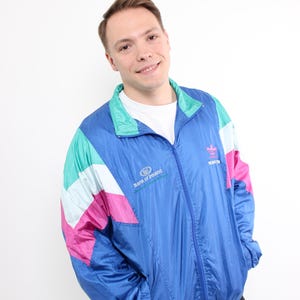 80s Adidas multicolur windbreaker, vintage festival sport wear jacket in blue, Size XL