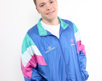 80s Adidas multicolur windbreaker, vintage festival sport wear jacket in blue, Size XL