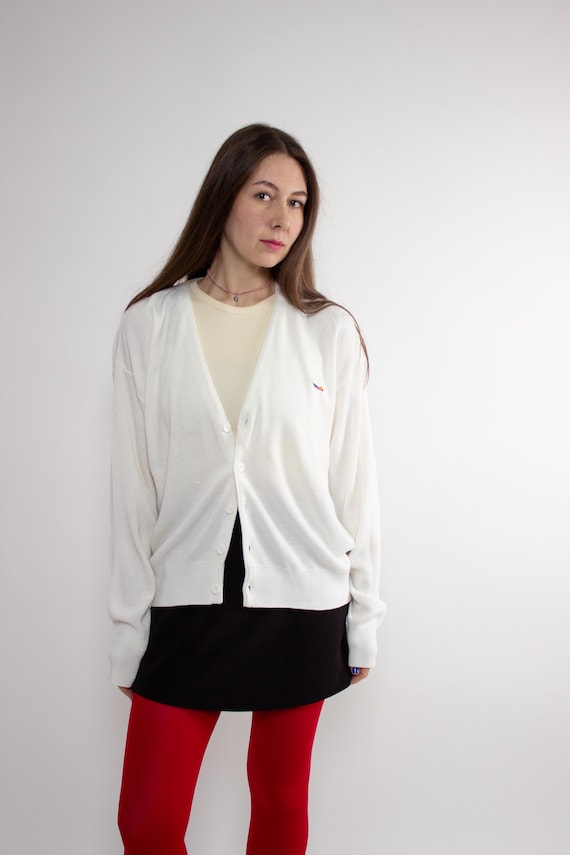 Ellesse White Ribbed Cardigan 90s Made in Spain Oversized Knit Button-Up M