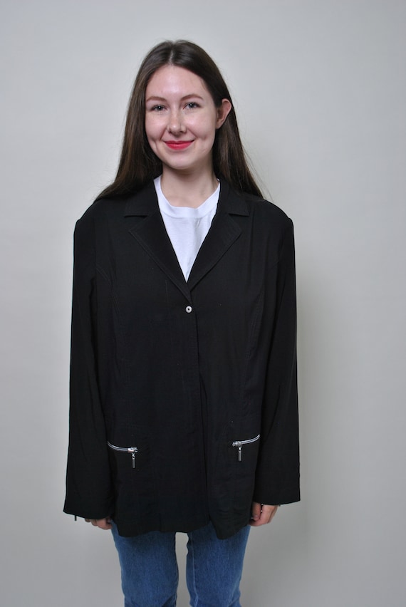90s Vintage Black Blazer: Minimalist Lightweight Jacket, Size L