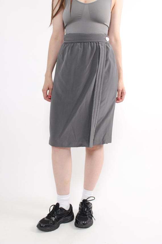 Vintage minimalist silk skirt, 90s Italian wrap midi skirt with button, Size S-M
