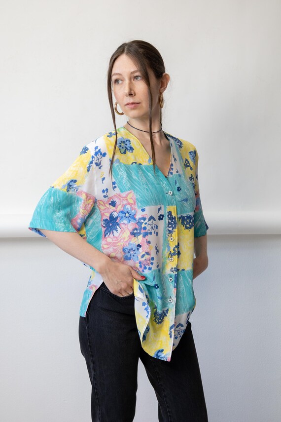 80s Pastel Floral Blouse Vintage Colorblock Patchwork Short Sleeve Oversized Shirt Size L