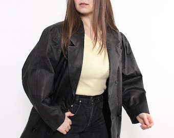 Vintage leather trench, 90's fashion trench jacket - MEDIUM size black color women autumn fall outfit minimalist leather overcoat, Size M