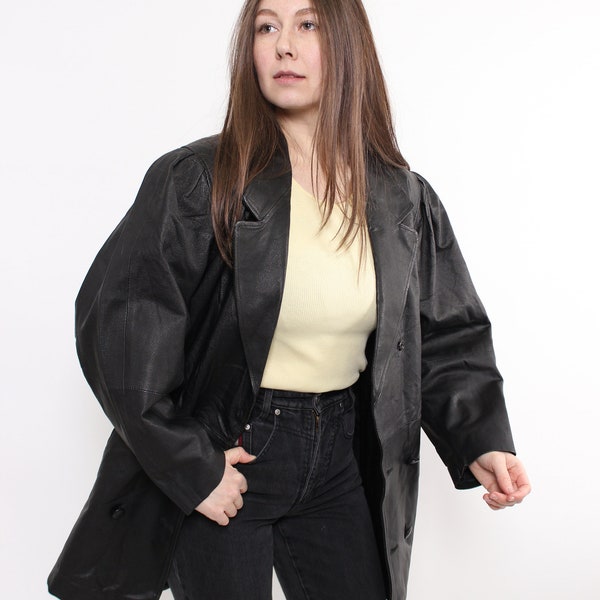 trench en cuir vintage, veste trench mode des années 90 - taille MOYENNE couleur noire femme automne automne tenue minimaliste pardessus en cuir, taille M