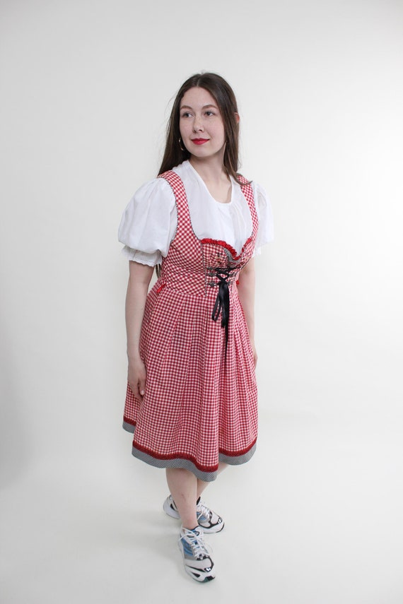 90s Vintage Dirndl Dress Austrian Corset Plaid Dress, Size M