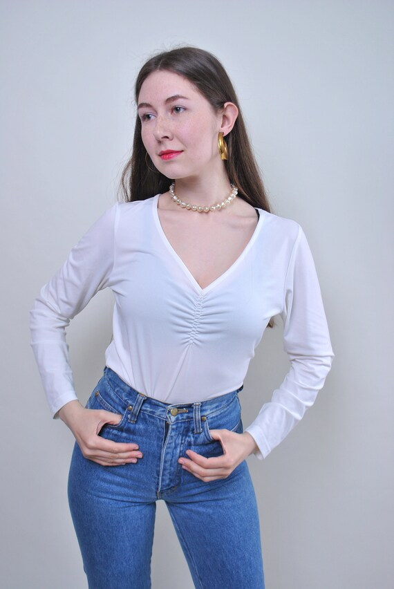 90s v-neck pullover blouse in white, vintage sheer blouse, Size L