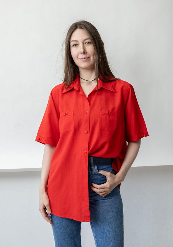 80s Red Minimalist Blouse Vintage Longline Patch Pocket Viscose Tunic Size L