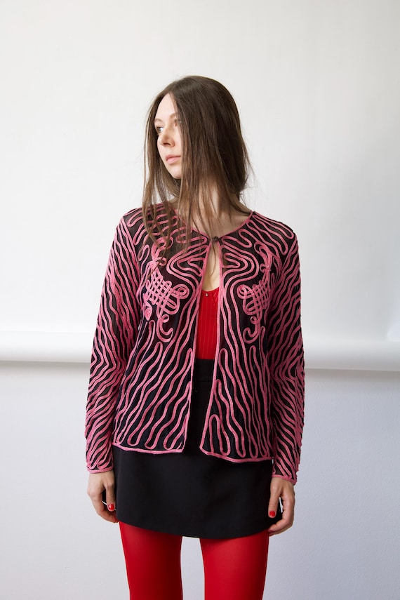 Pink Cord Embroidery Sheer Mesh Jacket Size M