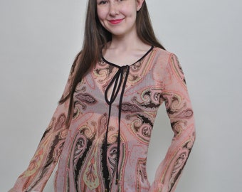 Bluzka z nadrukiem paisley w stylu y2k, bluzka vintage z lat 2000. z wiązaniem pod szyją, rozmiar M