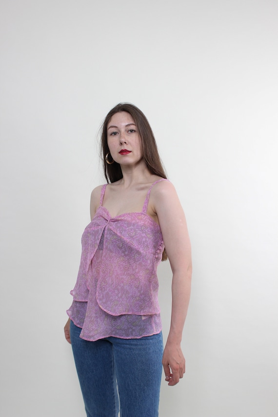 90s Vintage Paisley Tank Top: Pink Sheer Floral (Size S)