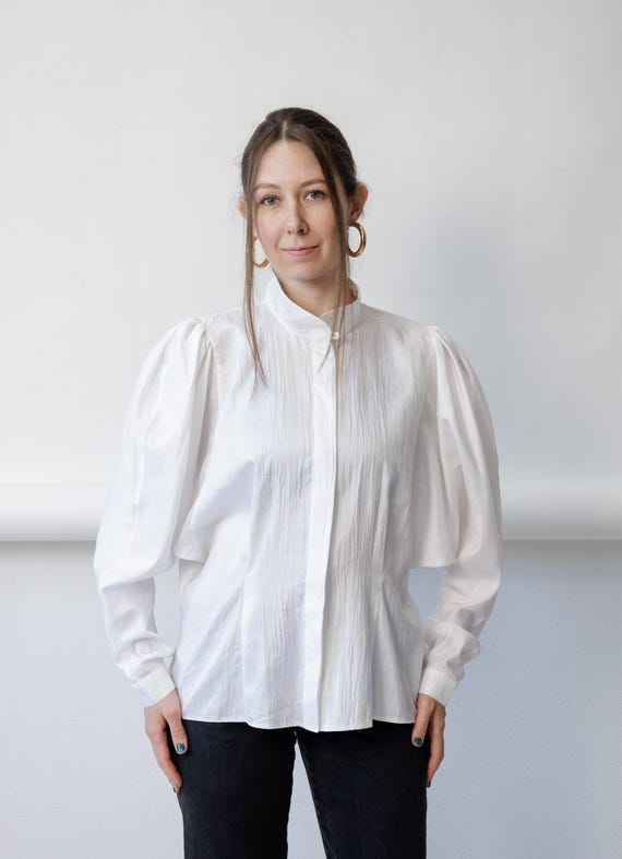 90s white puff sleeve blouse high stand collar, crinkle crepe Victorian top, size Medium