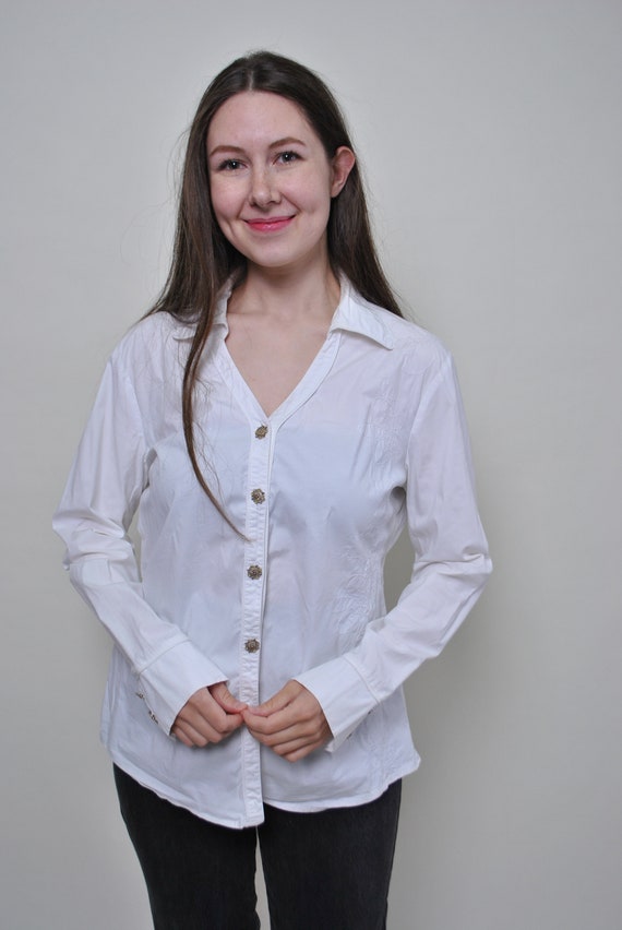 Vintage White Cotton Blouse with Gold Buttons - Size L