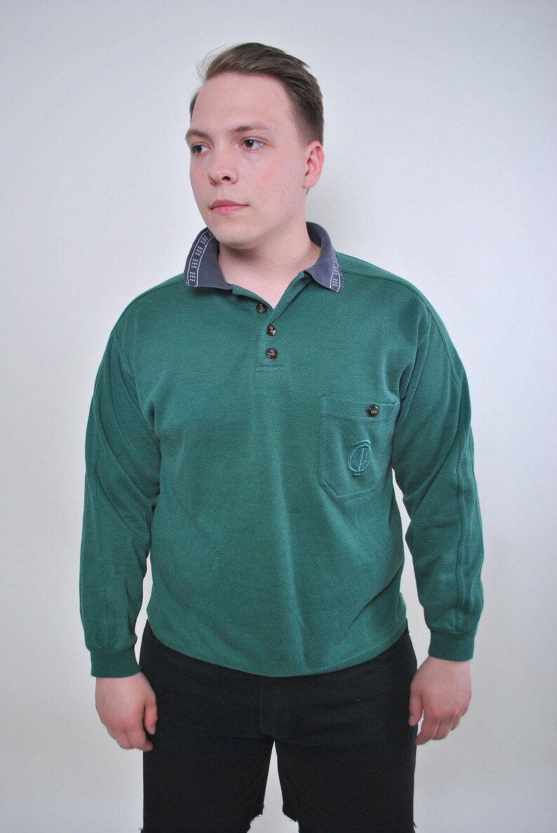 Men Retro Green Collared Sweatshirt With Pocket Size L Etsy