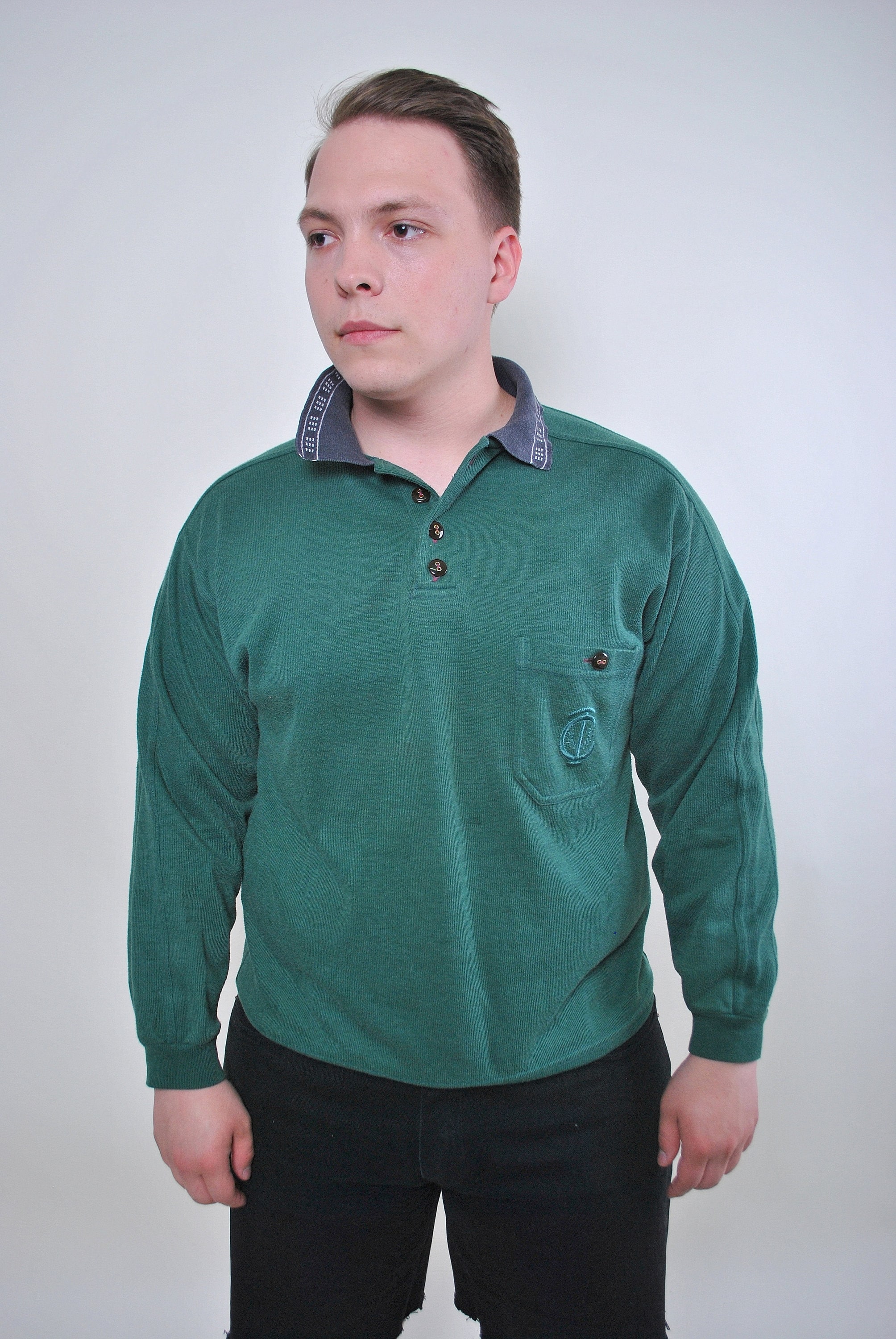 Men retro green collared sweatshirt with pocket Size L Etsy