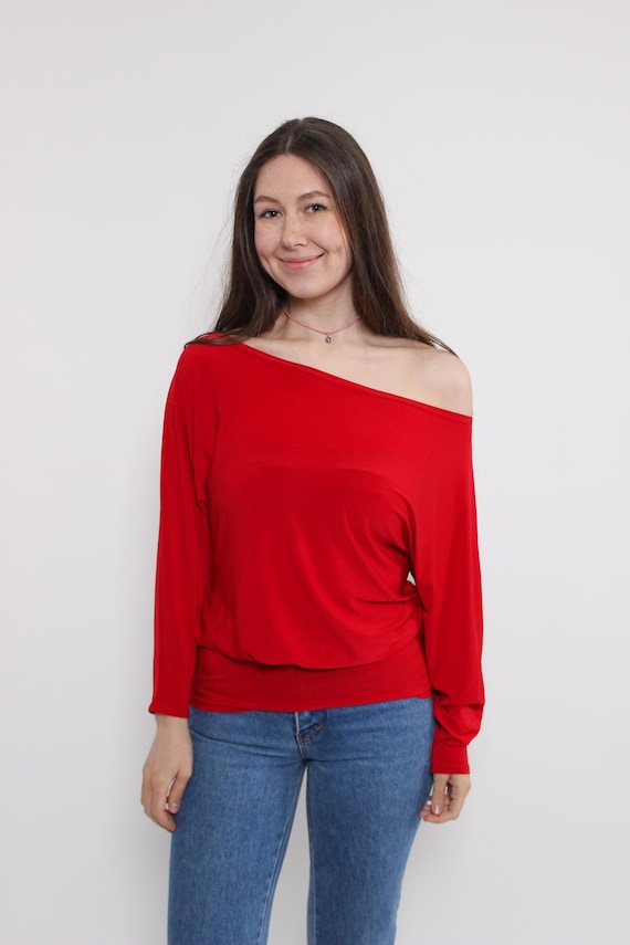90s off the shoulder red blouse, vintage cocktail stretchy blouse, Size M