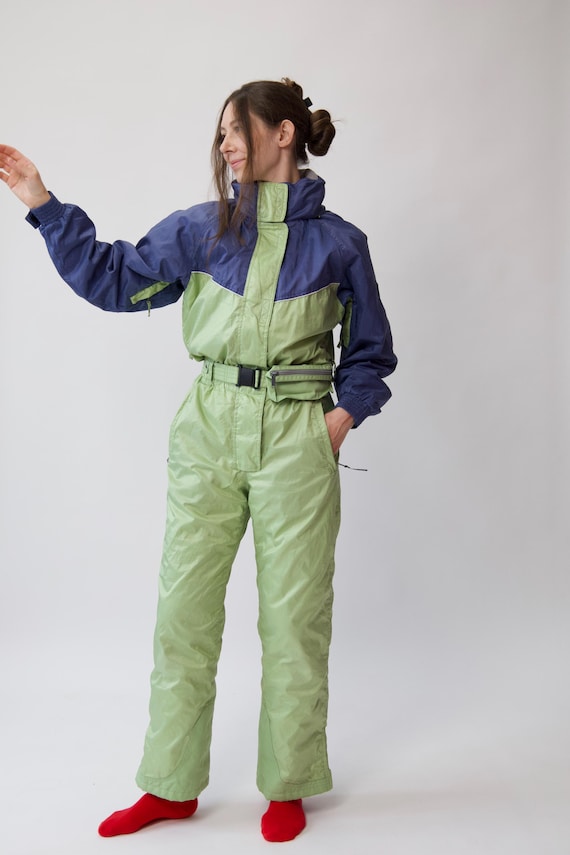 Vintage Green Navy Colorblock Ski Suit Built-In Bag Size M