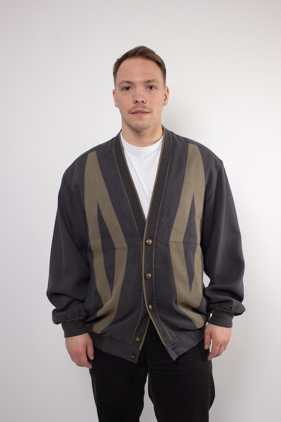 Vintage 90s Button Up Bomber Jacket Men, Retro Colorblock Brown Geometric Pattern Jacket,  Large