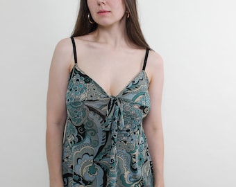 Vintage Y2K Floral Tank Top: Blue Deep V-Neck, Size M