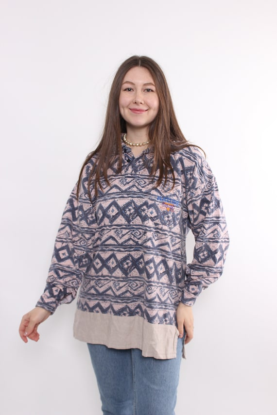 90s Vintage Abstract Print Sweatshirt - Multicolor Aztec Polo Shirt, Size L