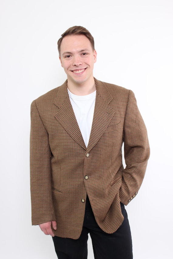 Vintage 80s Houndstooth Tweed Blazer L, Brown Wool Academia Jacket