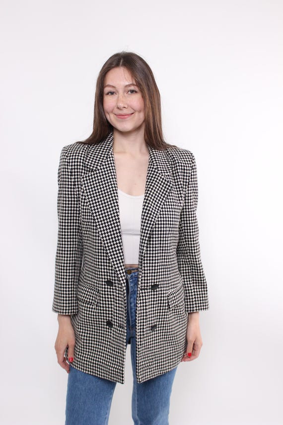 80s Vintage Wool Plaid Blazer: Double Breasted Suit Jacket, Size M