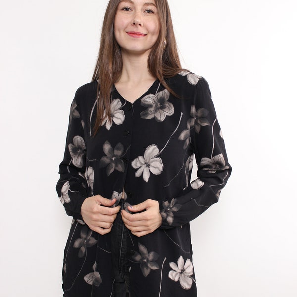 90s black floral blouse, vintage elegant evening v-neck button up shirt, Size M