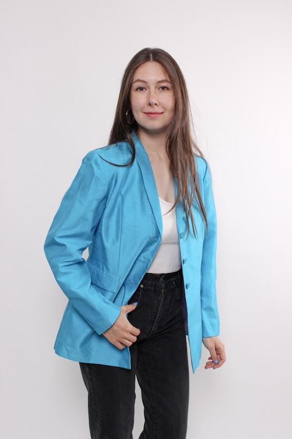 Vibrant turquoise blazer with ornate buttons, 90s boxy silk-look jacket, size M